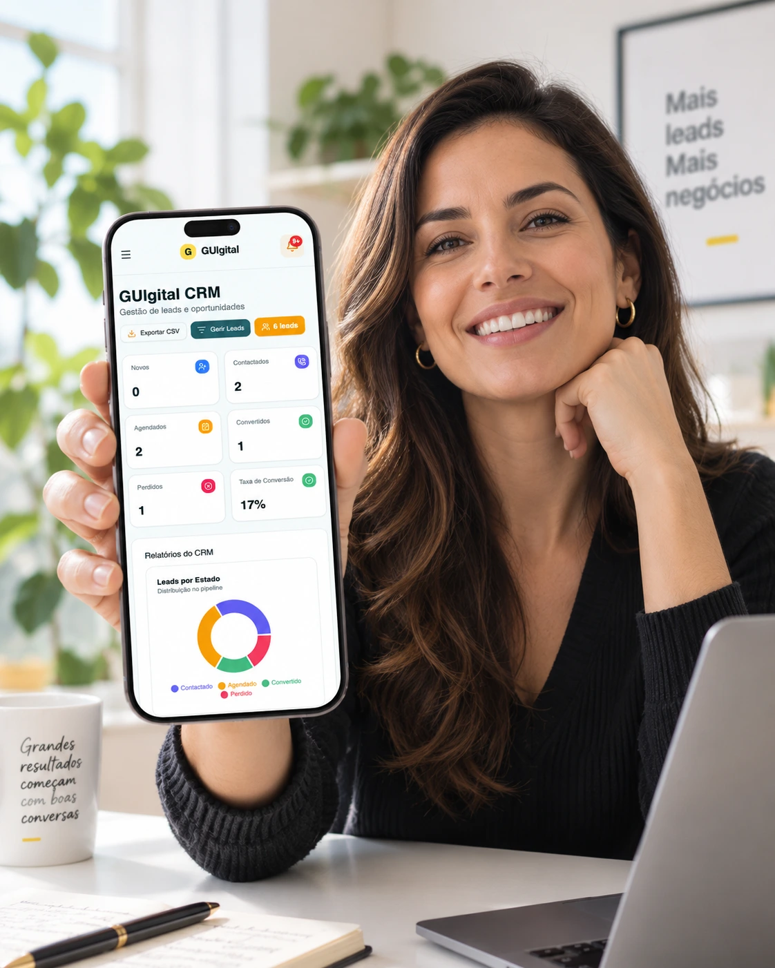 Ilustração de uma profissional a apresentar o pipeline de leads no GUIgital CRM